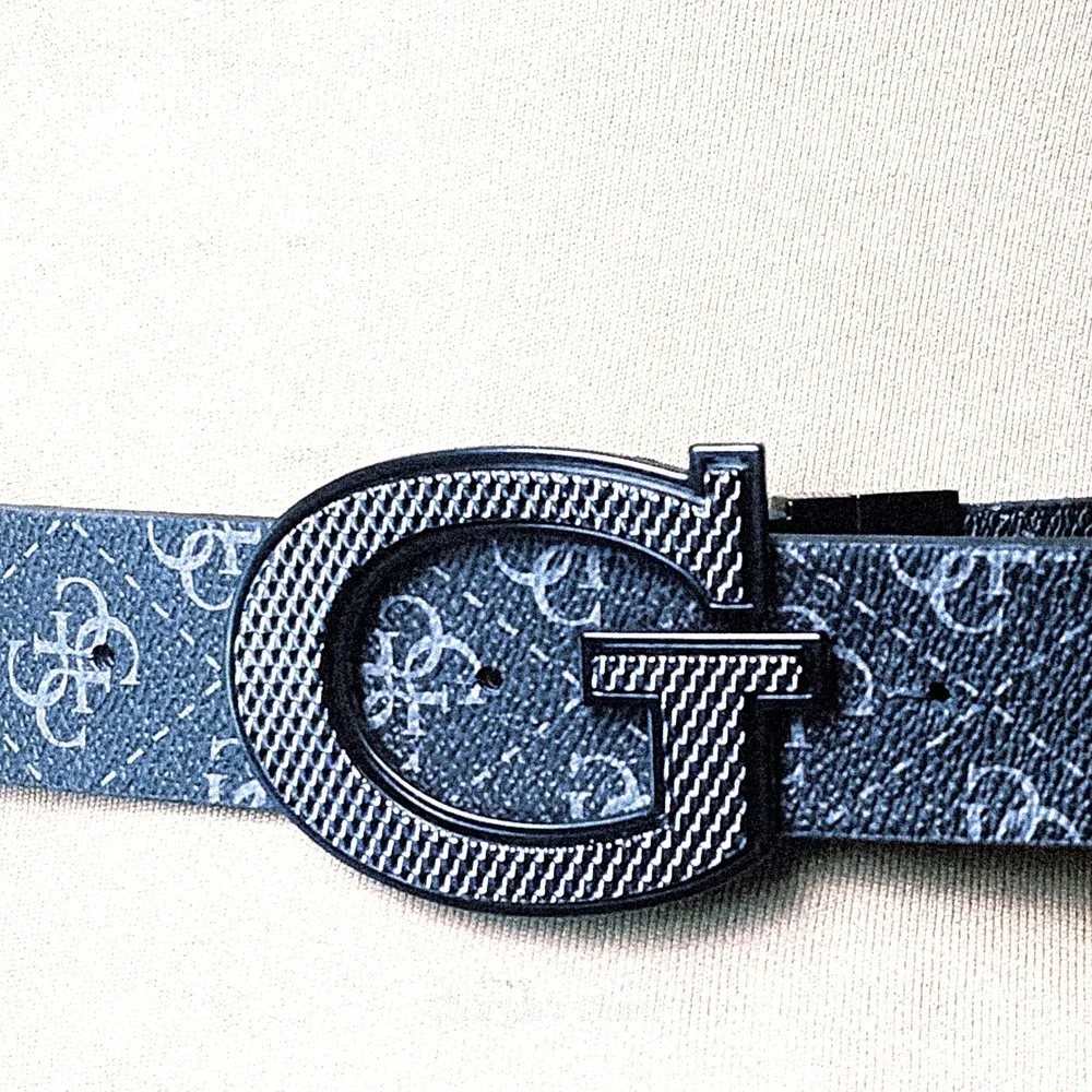 Guess Monogram Logo Belt Mens 32 Grey/Black Excellent Large G Buckle Y2K Vibes